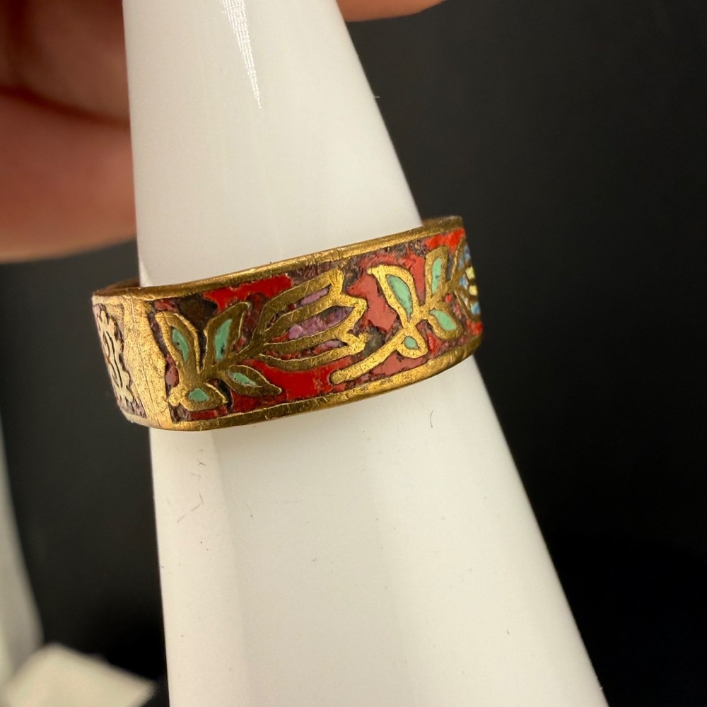 Vintage Cloisonne Enamel Flower Band Ring Red Gold Tone Size 4 - Picture 7 of 13